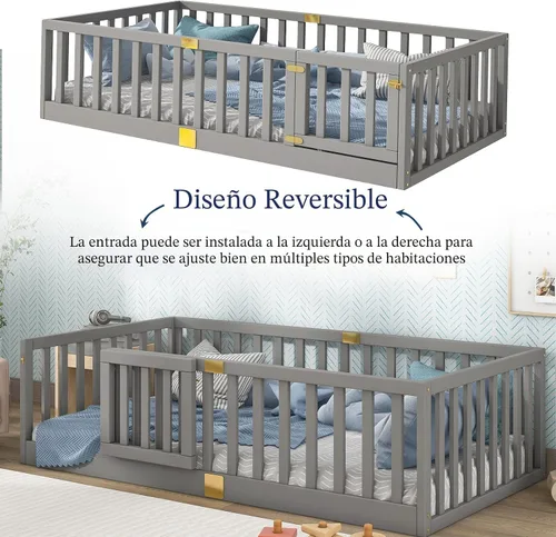 Miniatura 6 de Tatub Cama Montessori de suelo individual con rieles altos, marco de cama Montessori de madera maciza para niños, la puerta se puede instalar a Gris