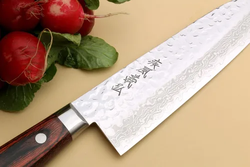 Miniatura 5 de Yoshihiro VG-10 Damascus Santoku cuchillo japonés multiuso, para chef, 7 pulgadas (estilo occidental, mango de madera de caoba)
