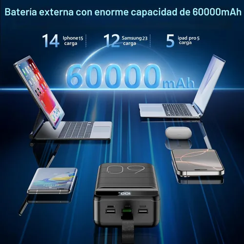 Miniatura 3 de LQHUE Power Bank 60000mAh 22.5W Cargador portátil de carga rápida con linterna, 4 salidas y 3 entradas pantalla LED, gran capacidad, batería externa