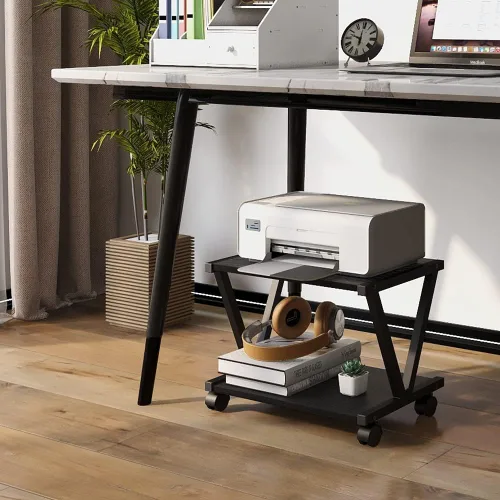 Miniatura 3 de VEDECASA Soporte de escritorio retro para impresora con 2 niveles de madera, estante moderno de madera para libros y organizador de almacenamiento