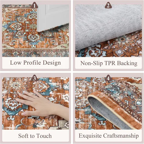 Miniatura 7 de Bsmathom Alfombra de pasillo para pasillos, antideslizante, lavable, estilo bohemio, 2 x 6 pies, alfombra de pelo bajo, alfombra vintage para Rojo