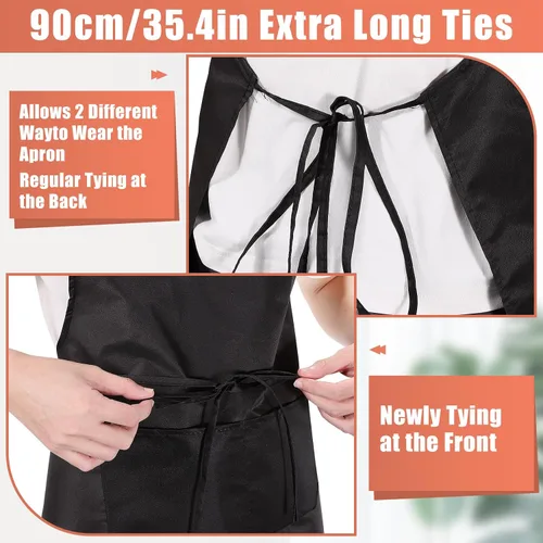 Miniatura 3 de Paquete de 12 delantales con peto, delantales negros a granel, delantales unisex lisos con 2 bolsillos, delantal negro lavable a máquina
