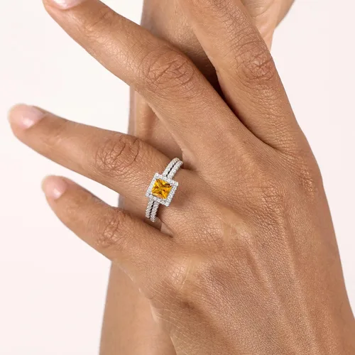 Miniatura 17 de 925 Sterling Silver Halo Bridal Ring Band Set for Women 5MM Princess Cut Gemstone Birthstone with Round White Moissanite Accents Wedding