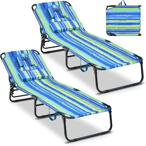 Miniatura 17 de GYMAX Silla de bronceado, silla de playa de 350 libras con agujero para la cara, almohada lavable y correa de transporte, tumbona plegable