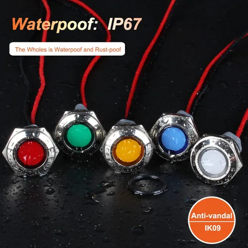 Miniatura 6 de 2 piezas de luz indicadora de metal de 16 mm con orificio de montaje de 5/8", 12-24V AC/DC 20mA, lámpara piloto LED de cabeza plana impermeable IP67