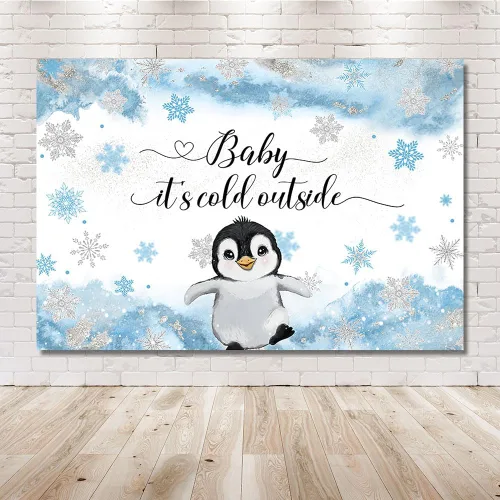Miniatura 6 de MEHOFOND Telón de fondo de invierno para baby shower de pingüino de 7 x 5 pies para niños, bebé hace frío afuera, fondo de acuarela azul, animales