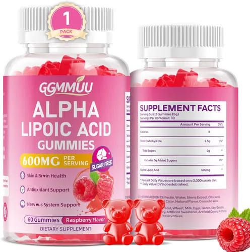 Gomitas de ácido alfa lipoico de 600 mg, suplemento de ALA masticable de alta absorción para antioxidantes, salud cerebral y apoyo nervioso, sabor