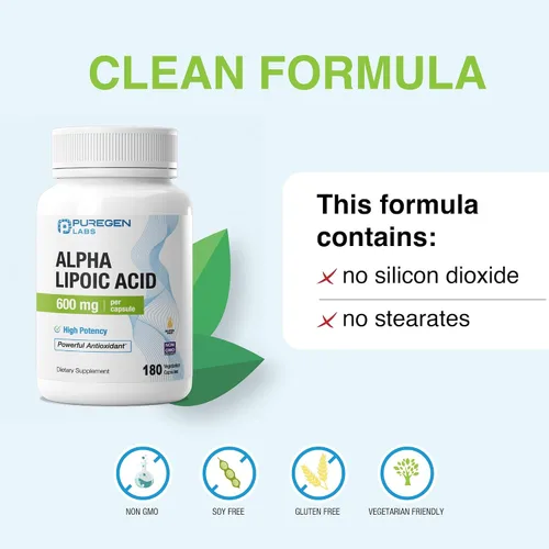 Miniatura 4 de Puregen Labs Ácido Alfa Lipoico 600mg [Alta Potencia] 180 Porciones - Soporte Antioxidante Sin Aditivos Nocivos Sin OGM, SIN Gluten y Lácteos
