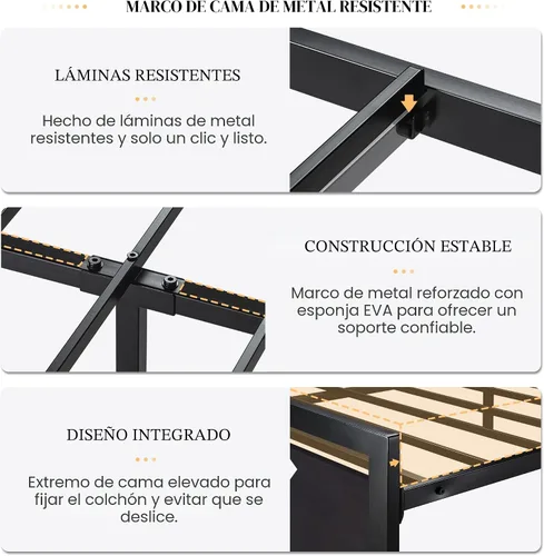 Miniatura 5 de SHA CERLIN Base de cama tamaño Queen con cabecera moderna, base de metal de plataforma resistente con estribo cuadrado y soporte de 13 listones Negro