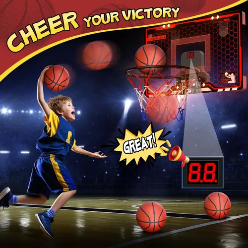 Miniatura 3 de HopeRock Indoor Basketball Hoop for Kids, Over The Door Mini Basketball Hoops, with LED Light, Scoreboard, Birthday Toys Gifts for 5 6 7 8 9 10 11