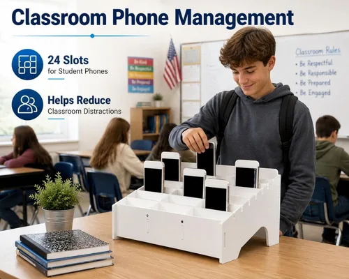 Miniatura 9 de XICHENGSHIDAI Soporte para teléfono celular con 24 ranuras para aula, caja de almacenamiento de teléfono con aspecto de madera y organizador de Negro