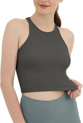 Miniatura 4 de ODODOS - Camiseta corta sin mangas, camisola con tejido acanalado, sin costuras, para mujer, paquete de 3unidades