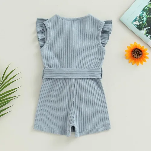 Miniatura 4 de AEEMCEM Mameluco corto para bebé niña con volantes, sin mangas, con botones, cinturón, traje de verano