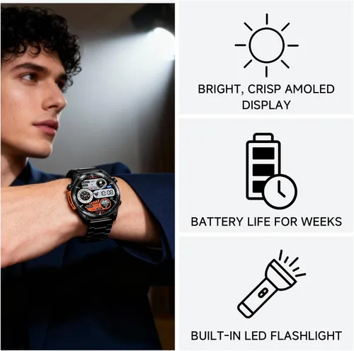 Miniatura 4 de Reloj inteligente para hombre, brújula, cuerpo de acero inoxidable, resistente al agua hasta 98.4 ft, batería extragrande de 400 mAh, reloj Negro