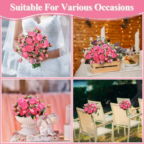 Miniatura 4 de Hoteam 24 paquetes de flores artificiales de peonías artificiales para boda, ramo de peonías de seda, arreglos florales falsos para novia, arreglos