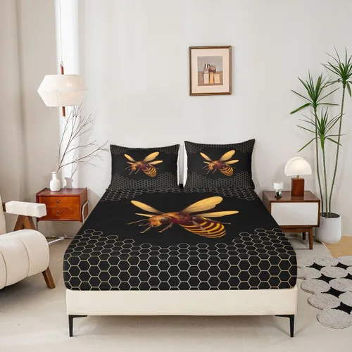 Miniatura 3 de Erosebridal Honey Bee - Juego de sábanas bajeras negras y doradas, tamaño individual, diseño geométrico de panal de abeja para niños y niñas, funda