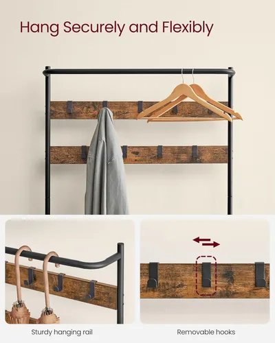 Miniatura 5 de VASAGLE Perchero de pie con banco y almacenamiento de zapatos, banco de entrada con soporte de perchero y zapatero, 9 ganchos móviles, barra Rustic