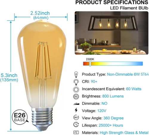 Miniatura 2 de Jensense Bombillas LED Edison E26, 60 vatios equivalentes, bombillas regulables, 2300 K, luz blanca cálida (cristal ámbar), estilo vintage