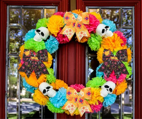 Miniatura 4 de Hying Cintas de Días de los Muertos Mexicanos - Borde con alambre, arpillera, naranja y negro, patrón de esqueleto de calavera, 2 rollos para lazos