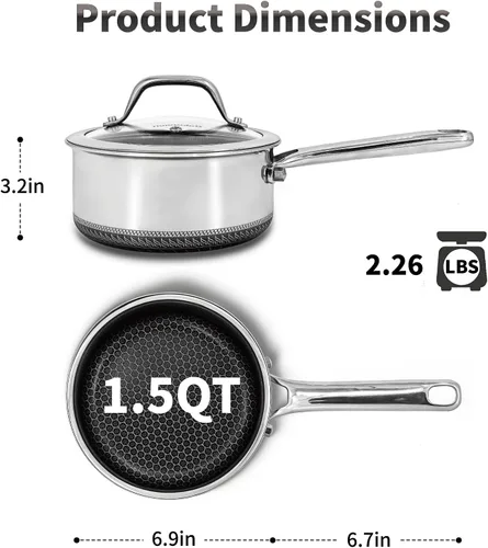 Miniatura 5 de Cacerola híbrida antiadherente de 1.5 cuartos de galón con tapa, olla de panal de acero inoxidable con dos boquillas de vertido, compatible