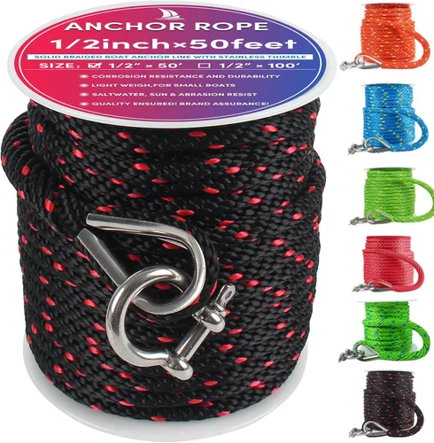 Miniatura 40 de Cuerda de anclaje premium de 100 pies x 3/8 pulgadas, cuerda marina de línea de anclaje MFP trenzada sólida con dedal y grillete, color negro