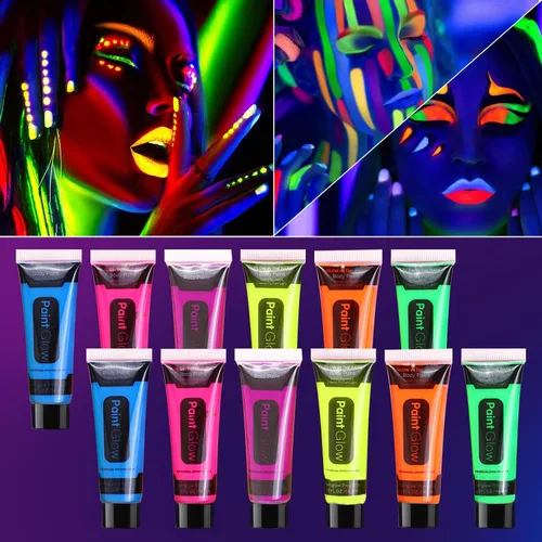 12 piezas de pintura corporal que brilla en la oscuridad, juego de maquillaje de luz negra fluorescente neón, juego de pintura facial para