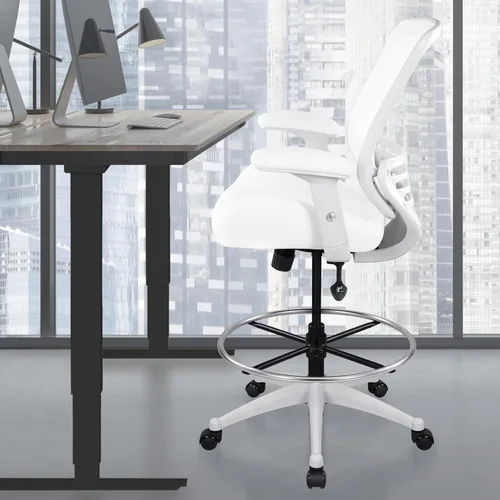 Miniatura 6 de BOLISS Silla de dibujo ergonómica de malla de 400 libras, silla de oficina alta, silla de escritorio de pie, reposabrazos ajustable en altura, Blanco