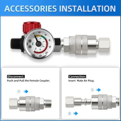 Miniatura 4 de MEANLIN MEASURE Válvula reguladora de ajuste de aire, con calibre de 140 PSI, entrada NPT de 1/4 pulgadas con calibre de 140 PSI para pistola