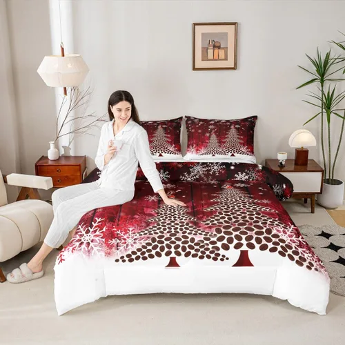 Miniatura 34 de Juego de edredón de Feliz Navidad para niños, tamaño twin, juego de ropa de cama de camión rojo árboles de pino copos de nieve, decoración