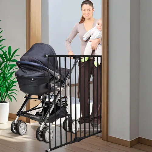 Miniatura 7 de Puerta abatible ajustable de seguridad para bebés, puerta de metal montada en hardware para escaleras y puertas, pestillo seguro para niños y Negro