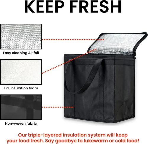 Miniatura 59 de NZ home Bolsa térmica XXL aislada y calentador de alimentos para entrega y compras de comestibles con parte superior con cremallera, color negro