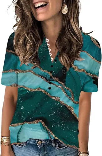 Miniatura 153 de Summer Shirts for Women 2025 Plus Size Short Sleeve Henley Tops Marble Floral Loose Tshirt Tee Casual Dressy Tunics
