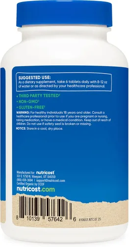 Miniatura 4 de Nutricost Espirulina orgánica + clorella (3,000 mg) 360 tabletas - USDA Organic, 1,500 mg de espirulina, 1,500 mg de clorella, vegano, sin OMG, sin