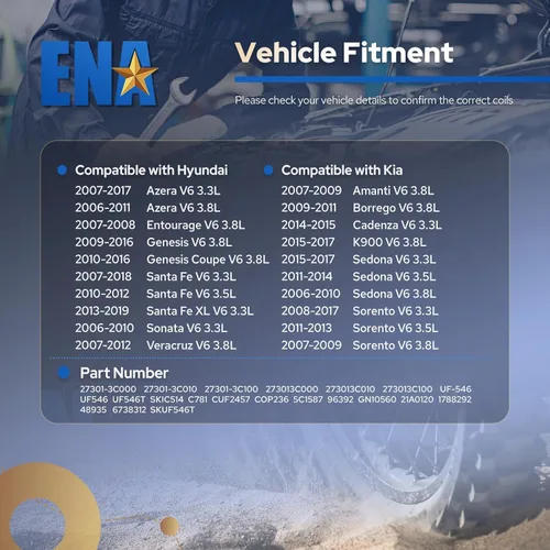 Miniatura 7 de ENA Juego de 6 bobinas de encendido 3.3L 3.8L V6 compatible con Hyundai Kia Genesis Azera Santa Fe Sonata Veracruz Sedona Sorento Cadenza Borrego