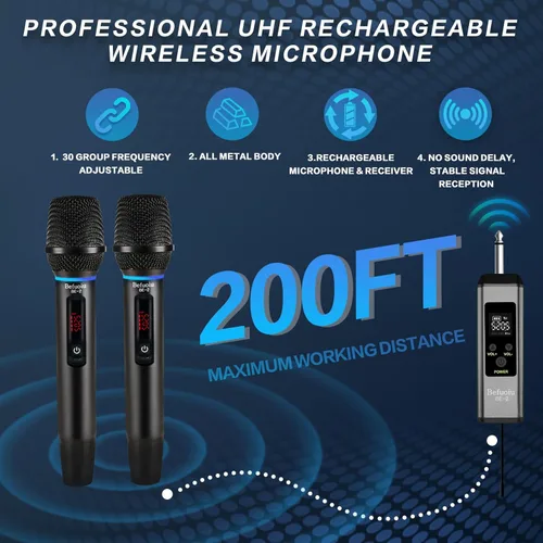 Miniatura 2 de Micrófono inalámbrico recargable UHF para cantar con bolso, micrófono dinámico de mano de metal con receptor, micrófono de karaoke inalámbrico