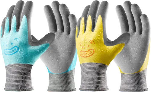 COOLJOB 2 pares de guantes de jardinería impermeables para niños de 2 a 4 años, revestimiento de goma antideslizante de doble capa, guantes de