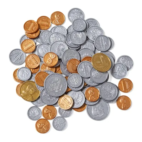 hand2mind Juego surtido de monedas de dinero falsas, monedas falsas detalladas, dinero de utilería, dinero de juguete, dinero de juego para niños,