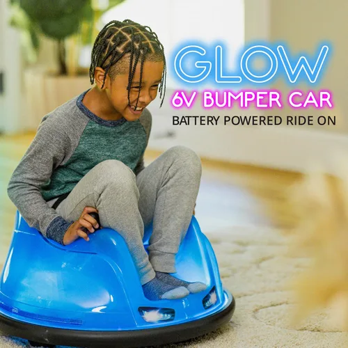 Miniatura 2 de Flybar Coche de parachoques azul brillante de 6V para niños – Juguete montable LED con giro de 360°, batería recargable y parachoques de goma suave