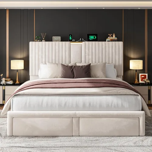 Miniatura 3 de Homkdom Base de cama Queen con cabecera de almacenamiento de terciopelo, 2 cajones grandes y 3 puertos de carga, base de cama de plataforma de 51.3