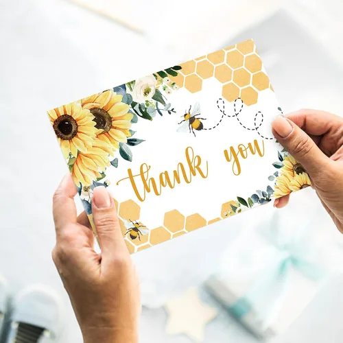 Miniatura 7 de Whaline 24 tarjetas de agradecimiento de abeja de girasol a granel, tarjetas de felicitación florales de verano con adhesivo sobre para boda, baby