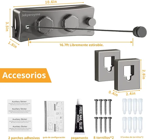 Miniatura 8 de Tendedero retráctil para interiores y exteriores, tendedero de montaje en pared que no se comba, alambre de acero inoxidable de 16.7 pies con líneas