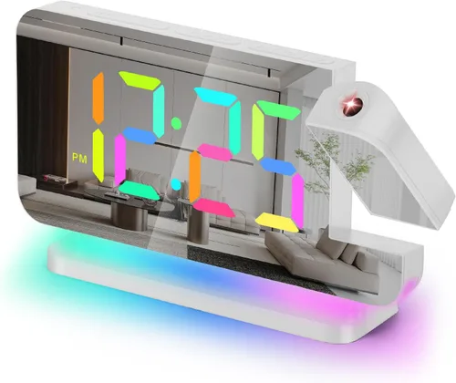Miniatura 10 de Reloj despertador de proyección, relojes digitales LED RGB de 18.8 cm de pantalla grande, con proyector giratorio de 180°, luz nocturna, puerto