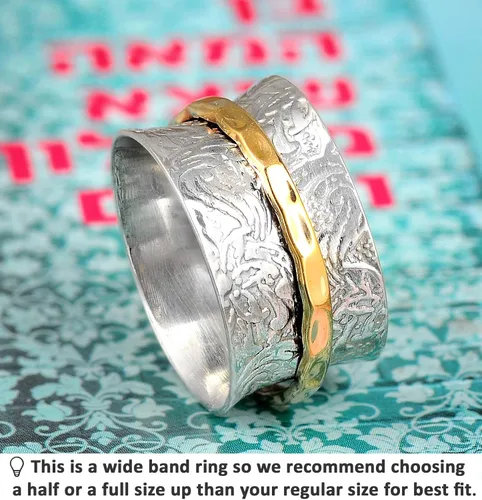 Miniatura 3 de Boho-Magic Anillo giratorio de plata de ley 925 para mujer con anillo antiestrés de latón, banda de flores