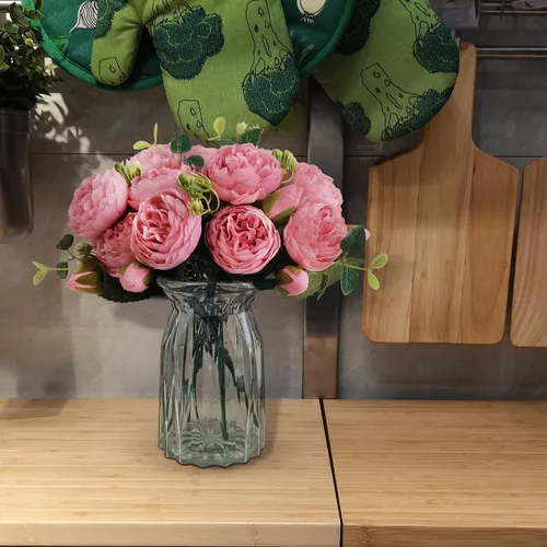 Miniatura 6 de 4 racimos de flores artificiales de peonías de seda de 20 cabezas, flores falsas para decoración del hogar, ventana, boda, fiesta (rosa), jarrón