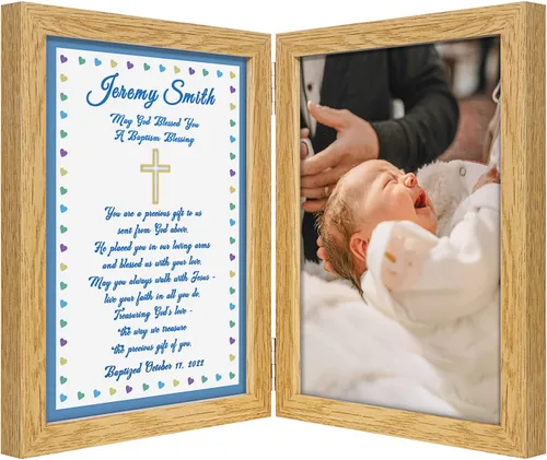 Miniatura 8 de Regalo de bautismo personalizado para bebé, marco de fotos personalizado, poema de bendición en marco de fotos doble de 5 x 7 pulgadas, regalo