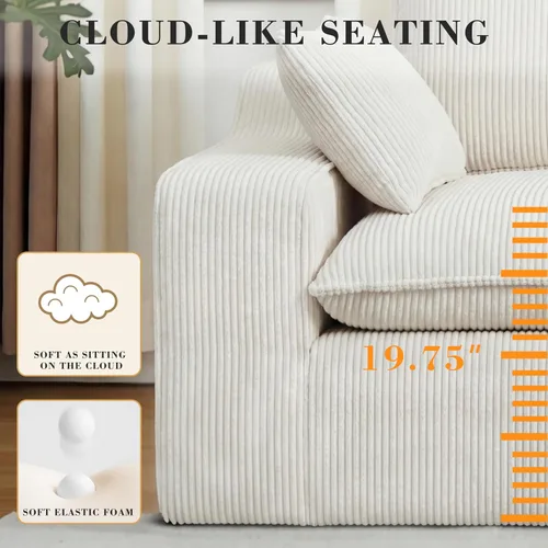 Miniatura 4 de Sofá modular sin hueso de 107 pulgadas con otomana, sofá modular de pana con asiento profundo tapizado, moderno sofá modular con tumbonas