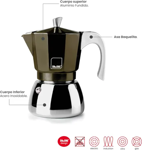 Miniatura 5 de IBILI - Máquina de café Elba Café, 3 tazas, 5.1 fl oz, aluminio fundido, base de acero inoxidable, con reductor para 2 tazas, apto para inducción