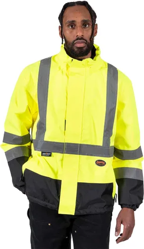Miniatura 8 de Pioneer Hi Vis - Chaqueta impermeable de seguridad 2 en 1 para hombres y mujeres, se invierte a un acolchado negro, equipo impermeable reflectante