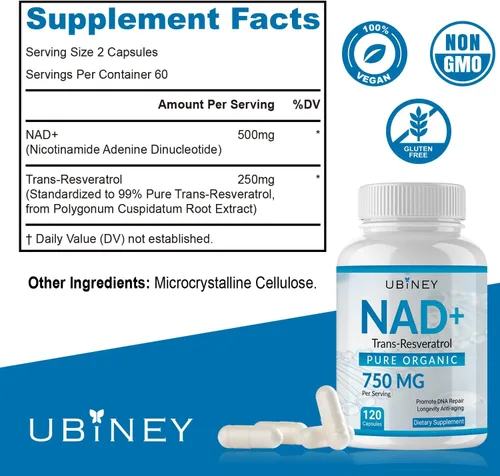 Miniatura 2 de NAD+ 750mg con Trans-Resveratrol – Suplemento de dinucleótido de adenina de nicotinamida orgánica pura – Reparación de ADN, energía celular, apoyo