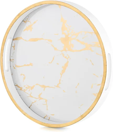 Miniatura 9 de Hanobe Bandeja redonda decorativa para café: Bandeja circular de mármol negro con asas, bandejas de mesa para sala de estar, bebida, fiesta, hogar